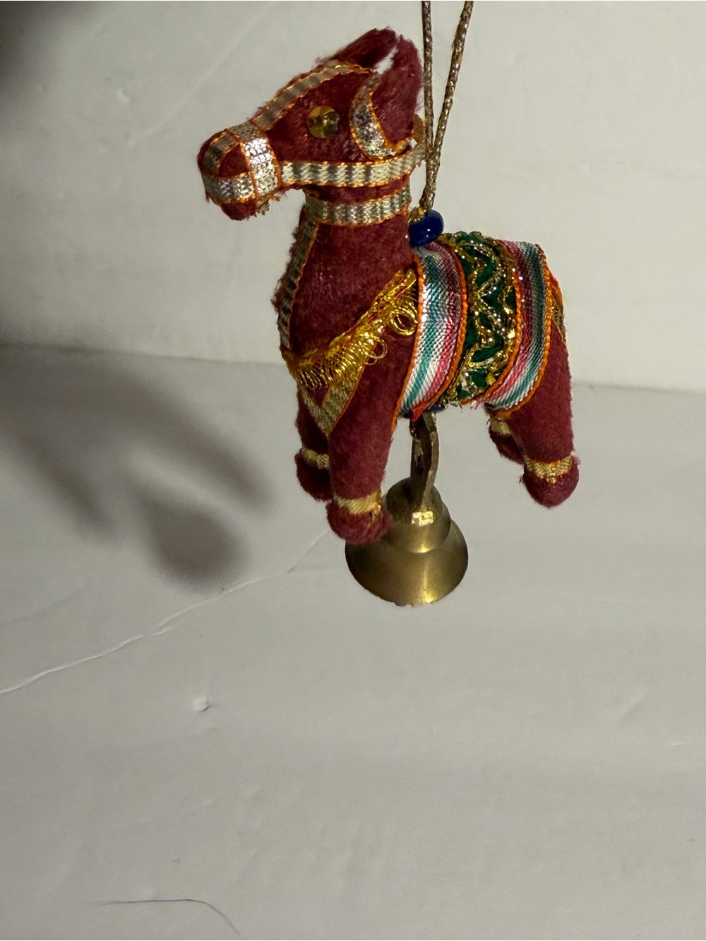 Handcrafted Red Velvet horse Holiday Ornament with Gold Bell